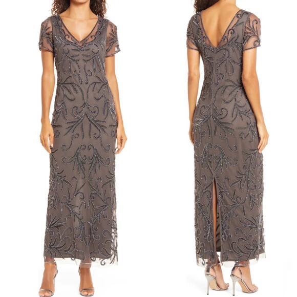 NWOT Pisarro Nights Illusion Beaded Mesh Maxi Gown Dress in Aluminum, Size 6 - Picture 1 of 16